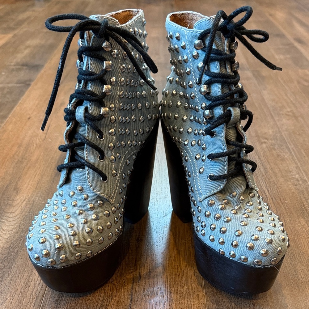 Jeffrey Campbell Blue Denim Studded Lace Up Boots
